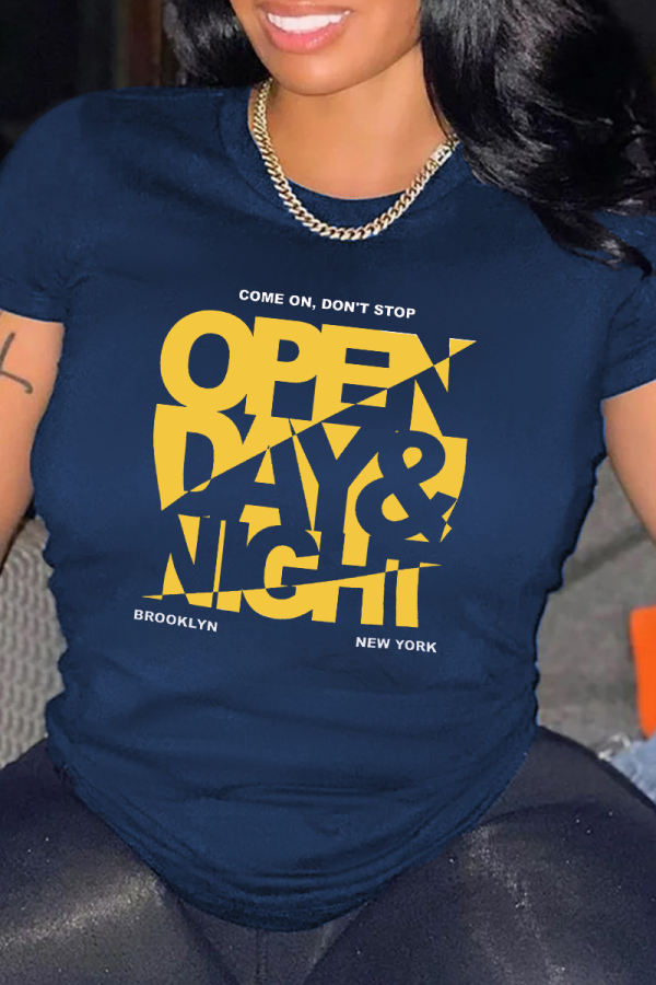 Navy Blue Fashion Street Print Patchwork Letter O Neck T-Shirts