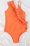Tangerine Red Sexy Vacation Solid Fold Swimwears