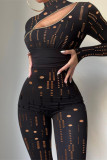 Black Fashion Sexy Solid Ripped Hollowed Out Patchwork Zipper Turtleneck Skinny Jumpsuits