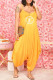 Yellow Fashion Casual Print Letter Spaghetti Strap Jumpsuits