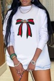 White Fashion Casual Print Basic O Neck Long Sleeve Dresses