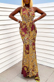 Blue Sexy Print Hollowed Out Patchwork Oblique Collar Straight Dresses