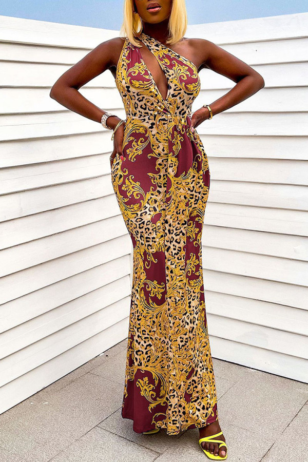 Burgundy Sexy Print Hollowed Out Patchwork Oblique Collar Straight Dresses