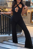 Black Sexy Solid Hollowed Out Patchwork Asymmetrical Collar Boot Cut Jumpsuits