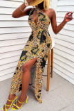 Blue Sexy Print Hollowed Out Patchwork Oblique Collar Straight Dresses