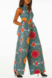 Light Blue Vacation Print Patchwork O Neck Straight Jumpsuits