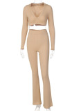 Khaki Casual Solid Patchwork V Neck Long Sleeve Two Pieces