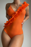 Tangerine Red Sexy Vacation Solid Fold Swimwears