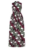 Light Blue Vacation Print Patchwork O Neck Straight Jumpsuits