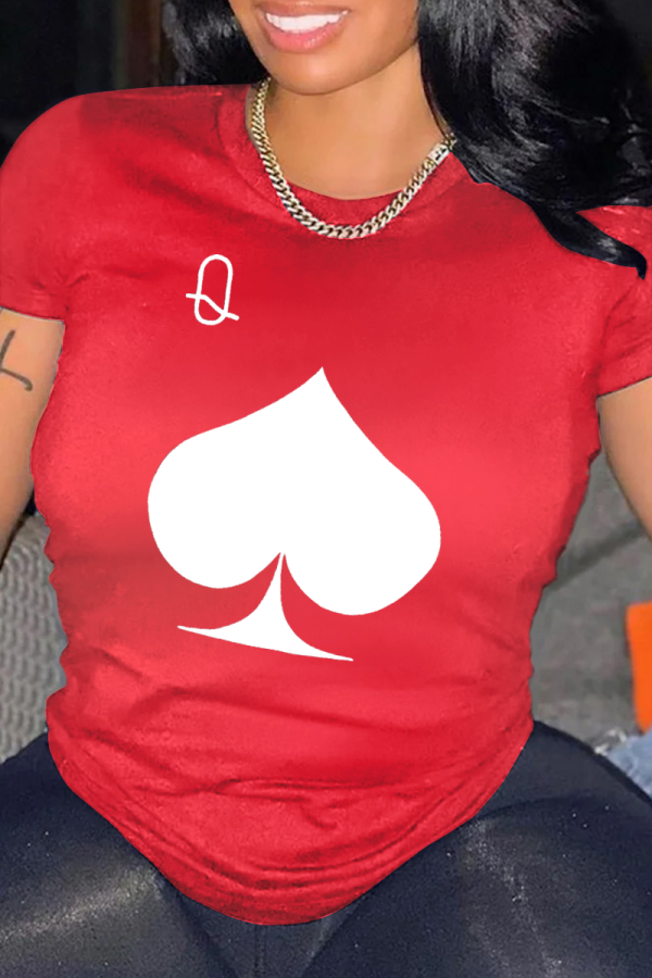 Red Fashion Casual Print Patchwork O Neck T-Shirts