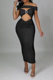 Pink Sexy Patchwork Hollowed Out Off the Shoulder Pencil Skirt Dresses