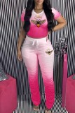 Pink Fashion Casual Gradual Change Print Fold O Neck Short Sleeve Two Pieces