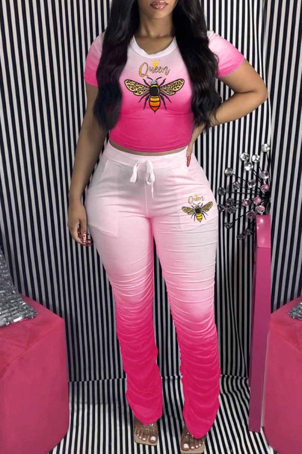 Pink Fashion Casual Gradual Change Print Fold O Neck Short Sleeve Two Pieces