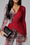 Red Black Casual Plaid Print Patchwork V Neck Regular Jumpsuits