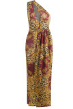 Blue Sexy Print Hollowed Out Patchwork Oblique Collar Straight Dresses
