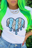 White Fashion Casual Print Patchwork O Neck T-Shirts