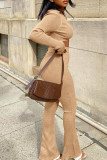 Khaki Casual Solid Patchwork V Neck Long Sleeve Two Pieces