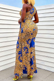 Blue Sexy Print Hollowed Out Patchwork Oblique Collar Straight Dresses