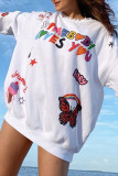 White Casual Print Patchwork O Neck Tops
