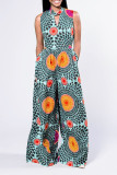 Light Blue Vacation Print Patchwork O Neck Straight Jumpsuits