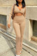 Khaki Casual Solid Patchwork V Neck Long Sleeve Two Pieces
