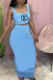Light Blue Fashion Casual Print Patchwork Square Collar Sleeveless Two Pieces