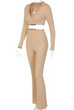 Khaki Casual Solid Patchwork V Neck Long Sleeve Two Pieces