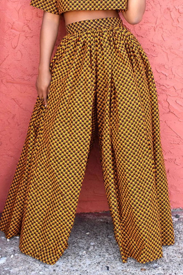 Mustard Yellow Fashion Print Patchwork O Neck Half Sleeve Two Pieces