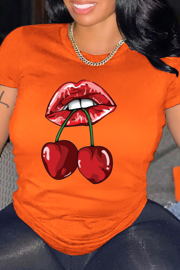 Orange Fashion Street Print Patchwork O Neck T-Shirts