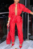 Red Sexy Casual Solid Basic Long Sleeve Two Pieces