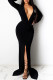 Black Fashion Elegant Print Fold V Neck One Step Skirt Dresses