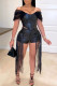 Black Fashion Sexy Solid Tassel Patchwork Backless Off the Shoulder Short Sleeve Two Pieces