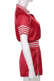 Red Casual Solid Embroidered Patchwork Zipper Collar Short Sleeve Two Pieces