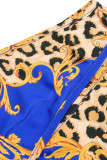 Blue Sexy Print Hollowed Out Patchwork Oblique Collar Straight Dresses