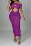 Pink Sexy Patchwork Hollowed Out Off the Shoulder Pencil Skirt Dresses