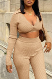 Khaki Casual Solid Patchwork V Neck Long Sleeve Two Pieces