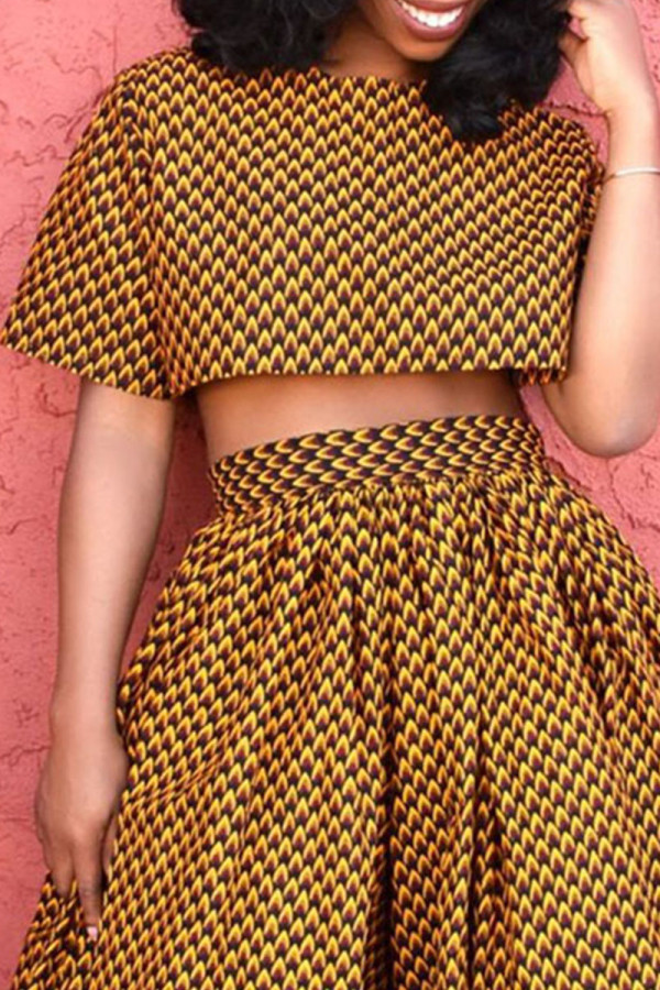 Yellow Casual Print Patchwork O Neck T-Shirts