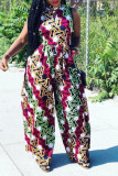 Light Blue Vacation Print Patchwork O Neck Straight Jumpsuits