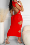Red Sexy Solid Hollowed Out Backless O Neck A Line Dresses