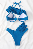 Blue Sexy Solid Fold Swimwears