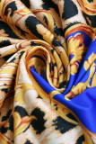 Blue Sexy Print Hollowed Out Patchwork Oblique Collar Straight Dresses