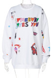 White Casual Print Patchwork O Neck Tops
