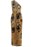 Blue Sexy Print Hollowed Out Patchwork Oblique Collar Straight Dresses