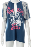 Deep Blue Sexy Print Tassel V Neck T-Shirts