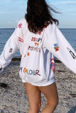 White Casual Print Patchwork O Neck Tops