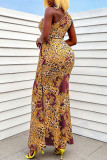 Blue Sexy Print Hollowed Out Patchwork Oblique Collar Straight Dresses