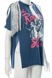 Deep Blue Sexy Print Tassel V Neck T-Shirts