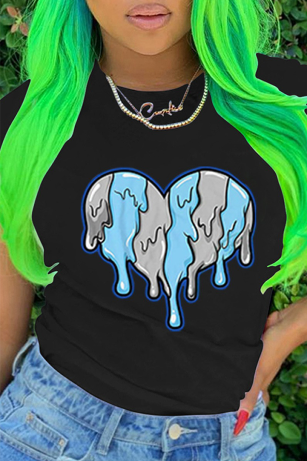 Black Fashion Casual Print Patchwork O Neck T-Shirts