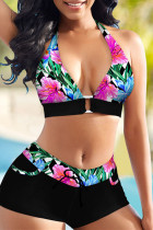 Multicolor Fashion Sexy Print Split Joint Backless Swimwears