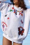 White Casual Print Patchwork O Neck Tops